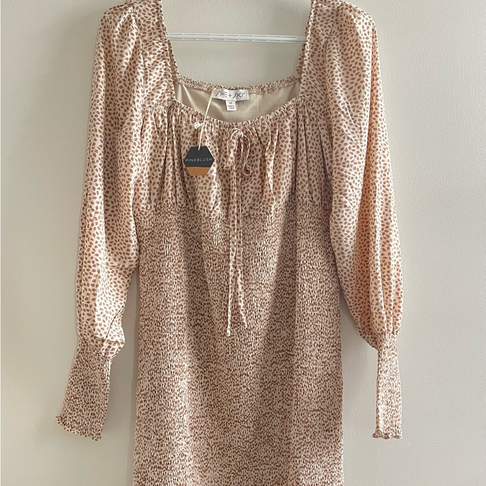 She + Sky Beige Printed Smocked Waist Long Sleeve Dress